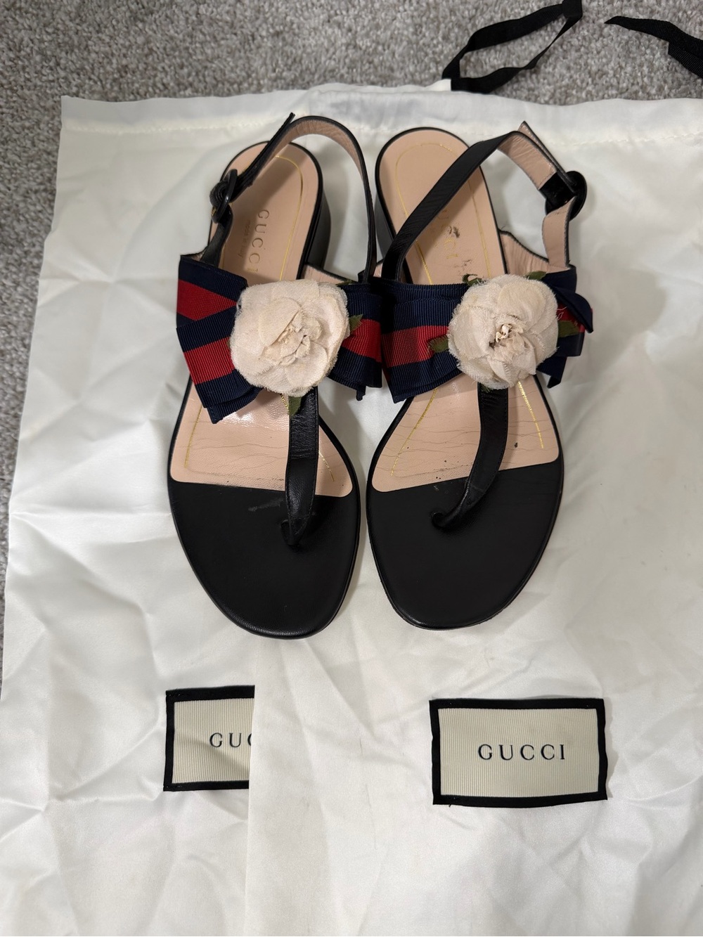 Authentic Gucci Black Sandals with Navy & Red Ribbon and Cream Floral Accent